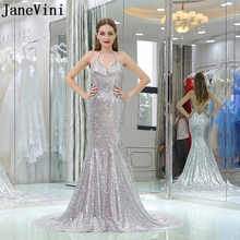 JaneVini Sexy Mermaid Silver Bridesmaid Dresses Sparkly Sequined Halter Backless Court Train Prom Party Gowns Bruidsmeisjes Jurk 2024 - buy cheap