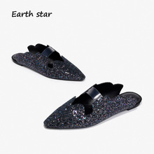 EARTH STAR Shoes Women Brand Sandals Bling Mules Lady Pointed Toe Silp On Summer Glitter chaussure Flats Girl Sequins footware 2024 - buy cheap