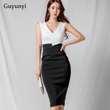 Summer Pencil Office Lady Dress Small Sexy V-Neck Sleeveless Slim High Waist Black White Patchwork Elegant Party Dress Women 2024 - buy cheap