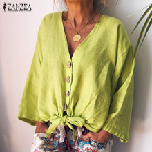 ZANZEA-Blusa informal de lino y algodón para Mujer, camisa de manga larga con cuello en V, botones y pajarita, estilo bohemio, para verano 2024 - compra barato