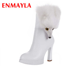 ENMAYLA New Platform Boots Women High Heels Mid Calf Boots Vintage Black White Shoes Woman Sexy Furry Fox Winter Boots 2024 - buy cheap