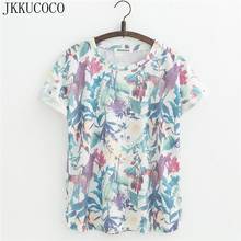 JKKUCOCO Newest Style Women Tops Tee Flowers Leaves Print T-shirt Short Sleeve Casual shirt Women Summer Cotton t shirt 2024 - buy cheap