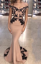 Champagne Long Satin Mermaid Evening Dresses Long 2020 Black Lace Appliques Off the Shoulder Formal Party Gowns Dubai Prom Dress 2024 - buy cheap
