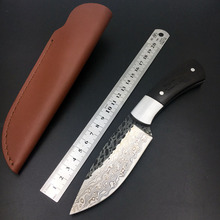 58HRC прямой кованый ручной узор из дамасской стали, охотничий нож, фиксированная ручка из черного дерева с кожаным ножом 2024 - купить недорого