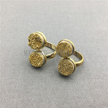 MY0568 Rodada de Ouro de Titânio Duplo Cristal Pedra Druzy Anéis, Ajustável Ouro Galvanizados Moldura Anéis para as mulheres 2024 - compre barato