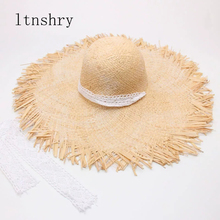 2019 Women's Weave Raffia Feminino Chapeau Summer Ribbon sun hat Wide Brim  Beach Hat White Lace Up Straw Hats Outdoor Holiday 2024 - buy cheap