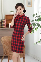 Shanghai Story New Sale Vintage Qipao Chinese Women's Clothing Cheong-sam Dress Plaid Print Blend cotton Qipao 3 color 2024 - buy cheap