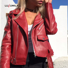 Lusumily jaqueta de couro sintético feminina, casaco curto vermelho preto pu para motocicleta streetwear 2020 2024 - compre barato