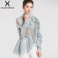 Women's Lace Striped Stand Collar Lantern Sleeve Shirt Ruffled Irregular Splicing Long Sleeve Perspective Hollow Out Shirt 2024 - buy cheap