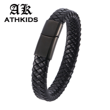 Trendy Black Braided Leather Bracelet Mens Handmade Bracelet Black Stainless Steel Magnetic Clasps Men Wrist Wholesale PD0025 2024 - buy cheap