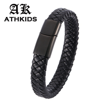 Pulsera de cuero trenzado para hombre, brazalete hecho a mano de acero inoxidable negro, Cierre magnético, PD0025, venta al por mayor 2024 - compra barato