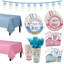 Vajilla desechable para fiesta de cumpleaños, plato de papel para vasos, decoración para fiesta de cumpleaños, suministros para Baby Shower, rosa y azul 2024 - compra barato