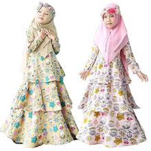 Платье мусульманское для девочек, длинное хиджаб Абая, детская одежда, Детский комплект макси из 2 предметов, цветочный кафтан, вечерние платья цзилбаб 2024 - купить недорого