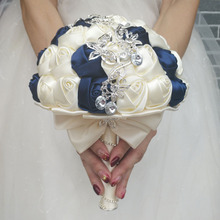 Handmade Diameter 18CM Wedding Bouquet Bridal Bridesmaid Bouquets Navy Blue Ivory Satin Rose Flower Bride Hand Holding Flower 2024 - buy cheap