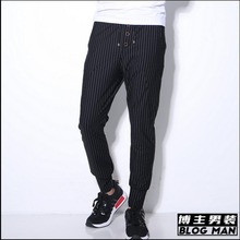 Summer Men's Casual Trousers Pencil Pants Black Striped Harem Pants Fashion Hairstylist Beam Pants Elastic Waist Cotton Pants 2024 - buy cheap