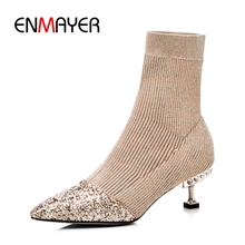 ENMAYER, recién llegado, moda para mujer, tejido elástico, puntiagudas, botas deslizantes para mujer, colores mixtos, botas tacón fino ZYL823 2024 - compra barato