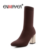 ENMAYER Women Ankle Boots Shoes women Plus Size 33-46 Casual Pointed Toe Winter Thick High Heels Fashion Knitting boots CR1472 2024 - buy cheap