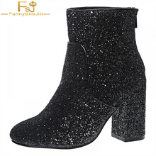 FSJ Fashion Winter Glitter Black Ankle Boots High Square Heels Round Toe 2021 Casual Dress Shoes Woman Booties Plus Size 4-16 2024 - buy cheap