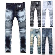 2017 New Fashion Destroyed  Biker Jeans Mens Ripped Distressed Straight Skinny Jeans Bleached Denim Pants Scratch Long Trousers 2024 - buy cheap