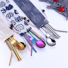 7Pcs Portable Travel Dinneware Set 304 Stainless Steel Fork Scoop Chopsticks Straw Silverwar Set Rainbow Cutlery with Pouch 2024 - buy cheap