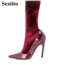 Fashion Red Wine Super High Heel Woman Boots Pointed Toe Mid-Calf Boots For Women Slip-on Thin Heels Short Boots Women Shoes 2024 - buy cheap