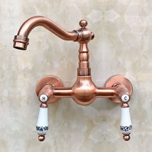 Antique Red Copper Wall Mount Kitchen Sink Faucet Swivel Spout Mixer Tap Dual Ceramics Handles Levers arg033 2024 - buy cheap