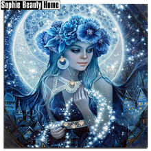 Real 5D Diamond Cross Stitch Blue Flower&Moon Diy Full Diamond Painting Beauty Princess Diamond Embroidery Needlework Art 18A141 2024 - buy cheap