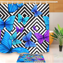 Cortina de chuveiro lb azul e borboleta, preto e branco, geométrica, tecido de poliéster, com conjunto de tapetes para decoração de banheira 2024 - compre barato