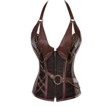 Plus Size Women 14 Steel Bone Steampunk Corsets Black Brown Faux Leather Vintage Bustiers Halter Corset With Thong XS-5XL 580908 2024 - buy cheap