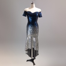 Роскошное голубое платье-Русалка с блестками и коротким рукавом, с вырезом лодочкой и открытыми плечами, элегантное вечернее платье 2024 - купить недорого