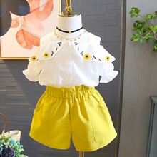 2pcs Fashion Kids Clothes Baby Girls Outfits Off-shoulder Sleeveless Top Shirt+Yellow Pants Shorts Summer Girls Outfits Set 2024 - buy cheap