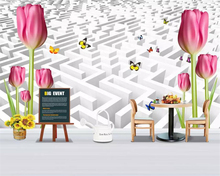 Beibehang caixa espaço Papel De Parede personalizado mural papel de parede de luxo 3d tulipa borboleta fundo da parede rosa 3D saco macio decoração 2024 - compre barato