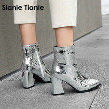 Sianie tianie botas femininas de couro pu, sapatos de salto alto da moda, bloco de couro preto, roxo e dourado 2020 2024 - compre barato