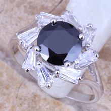Shiny Black Cubic Zirconia White CZ Silver Plated Women's Ring Size 6 / 7 / 8 / 9 R1007 2024 - buy cheap