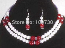 Jewelry 00851 2 Rows Real White Pearl Red  Crystal 18KWGP Earrings Necklace Set 2024 - buy cheap