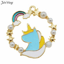 Julie Wang 8pcs/lot Blue Enamel Unicorn With Pearl charms Pendant Jewelry Necklace Making Bracelet Earring Accessories 2024 - buy cheap