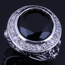 Fantastic Big Round Black Cubic Zirconia White CZ Silver Plated Ring V0566 2024 - buy cheap