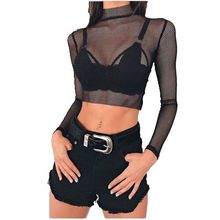2017 New Women Girl Sexy Mesh Net Top T-shirt Long Sleeve Slim Split Slit See-through Crop Tee Tops 2024 - buy cheap