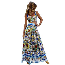 Boho New Sexy Women Two Piece Set Crop Top Long Skirt Floral Printed Bandeau Strapless Bandage Ruffles High Waist Casual Suit 2024 - buy cheap