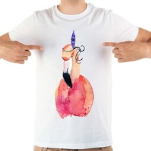Camiseta aquarela flamingo engraçada masculina, verão 2018, camiseta branca de manga curta casual homme, camiseta artística legal 2024 - compre barato