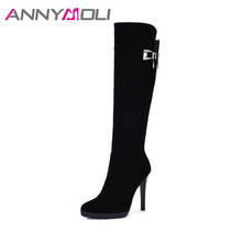 ANNYMOLI Winter Shoes Women Boots Buckle Knee High Boots Zip 2018 Fashion Zipper Thin High Heel Shoes Black Large Size 34-40 New 2024 - buy cheap