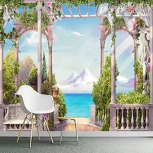 Papel de parede com pintura personalizada 3d, fundo de tv para decoração de casa e sala de estar, coluna romana com visão do mar 2024 - compre barato