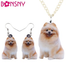 Bonsny de acrílico sentado Pomerania perro conjuntos de joyas pendientes COLLAR COLGANTE Animal lindo regalo para las mujeres Bijoux 2024 - compra barato