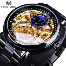 Forsining relógio digital masculino, relógio clássico preto dourado em aço inoxidável com design mãos azuis 2024 - compre barato