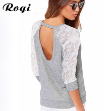 Rogi Women Blouses 2019 Spring Autumn Patchwork Lace Blouse Long Sleeve Sexy Backless Shirt Women Tunic Tops Blusas Femininas 2024 - buy cheap