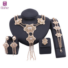 Exquisite Dubai Gold Color Jewelry Set Nigerian Woman Accessories Wedding Tassel Crystal Necklace Earring Ring Jewelry Set 2024 - buy cheap
