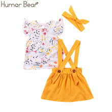 Летний костюм Humor Bear для маленьких девочек, новинка, летняя одежда, Футболка с рукавами-мушами, топы, юбка с цветочным принтом и повязка на голову, детская праздничная одежда принцессы 2024 - купить недорого