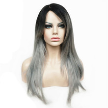 StrongBeauty-pelucas de mujer de dos tonos ombré, pelo largo recto mezclado negro/gris plateado, peluca completa sintética 2024 - compra barato