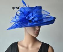 NEW Big Royal blue wide brim Dress Church Sinamay women's hats with feather flowers for races,wedding,Kentucky derby,party 2024 - buy cheap