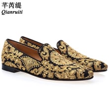 Qianruiti Zapatillas Hombre Golden Floral Embroidered Loafers Men Canvas Shoes Slip-on Crystal Embellishments Casual Shoes Flats 2024 - buy cheap